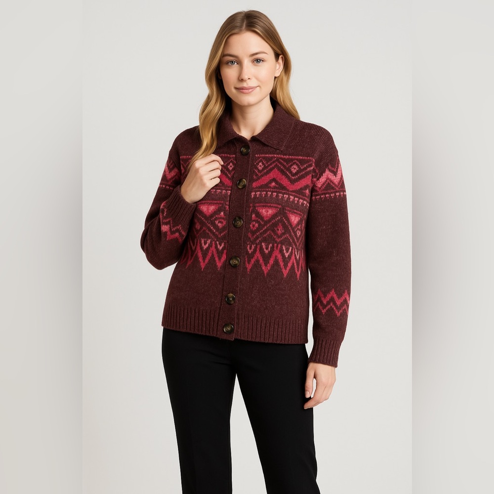 ⭐️Who‎ What Wear Womens Nordic Fair Isle Print Cardigan Sweater Wine size L
